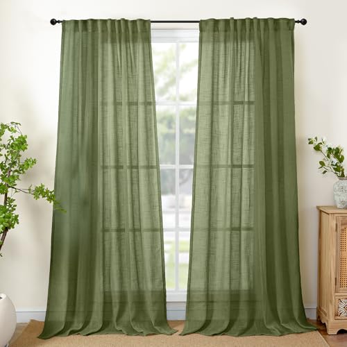 YoungsTex Olive Green Linen Curtains 90 Inch Length for Living Room - Light Filtering Textured Semi Sheer Drapes with Back Tab Rod Pocket Lightweight for Dining Bedroom, 2 Panels, 52 X 90 Inch