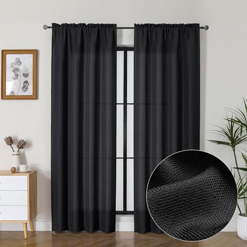 Lecloud Bessie Black Curtains 84 Inches Long 2 Panels, Faux Linen Textured Light Filtering Curtains, Airy & Privacy Burlap Drapes for Living Room Dining Room Bedroom, Each 40 W x 84 L