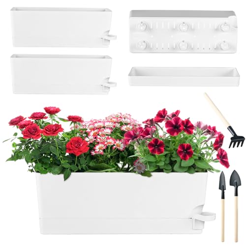 "KvyusFlourish Self Watering Pots, 4 Pack, 17"" Rectangular Window Boxes Planters, Herb Pots, Large Plant Pots, White"