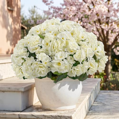 Artificial Flowers for Outdoors Faux Geraniums Plants UV Resistant Outside 6 Bundles Fake Silk Flowers Bulk Plastic Greenery for Home Porch Planter Patio Table Centerpieces Decor, White
