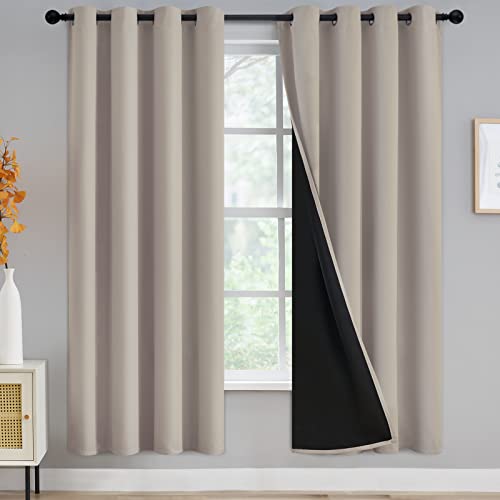 Yakamok 100% Blackout Curtains for Bedroom 72 Inch Length, Complete Light Blocking Drapes with Black Backing, Thermal Insulated Solid Grommet Panels for Living Room, 52Wx72L, Natural, 2 Panels