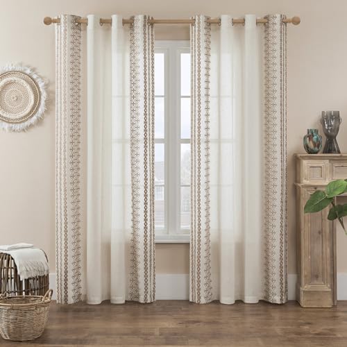 Boho Sheer Curtains for Living Room Bedroom - 84 Inches Long 2 Panels Set With Grommets, Beige Embroidered Neutral Bohemian Window Treatment for Rustic Farmhouse Decor, 52x84 Taupe