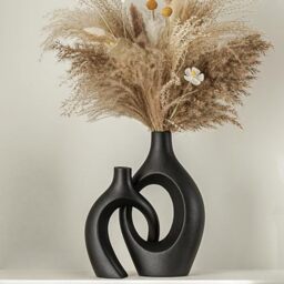 "Lvases Snuggle Hollow Modern Ceramic Vase Set of 2, Mid Century Nordic Aesthetic Decorative Vases for Home Table Decor (Matte Black W 6.8"" X H 11"")"
