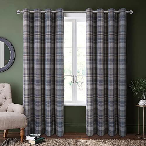 always4u Plaid Gingham Curtains for Living Room Bedroom Room Darkening Check Country Curtains 2 Panels Striped Grommet Window Treatments 54X108 Inch Blue and Brown