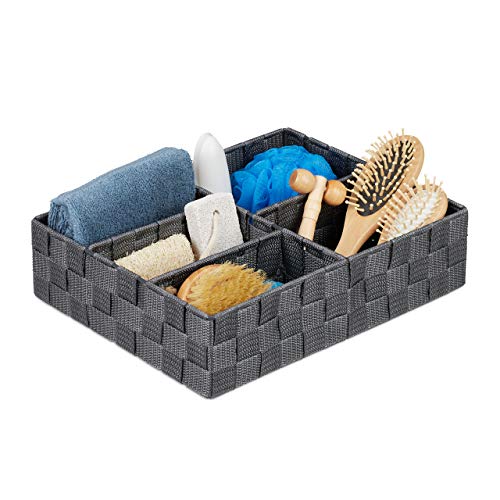 Relaxdays Drawer Organiser, Storage Basket, 5 Compartments, Square, Woven, Plastic, Multipurpose, 8.5 x 32 x 25cm, Grey