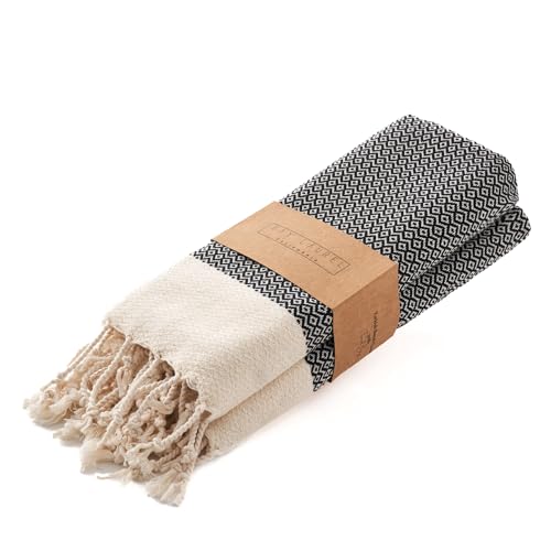 BAY LAUREL Turkish Hand Towel ??? Pack of 2 - Soft & Absorbent Decorative Towels for Bathroom, Hand, Face, Hair, Gym, Yoga, SPA, Kitchen & Tea (Black, Diamond 16x40 Inches (Set of 2)