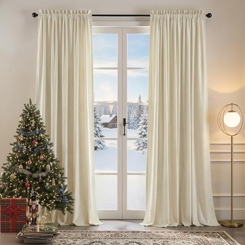Nemia Ivory White Velvet Curtains Thermal Insulated Blackout Curtain for Bedroom Window Living Room Darkening Luxury Vintage 90 Inches Long Heavy Drapes Panels Rod Pocket Set of 2