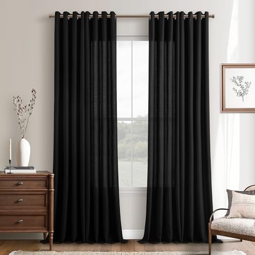 Black Linen Semi Sheer Privacy Curtains Floor To Ceiling Extra Long Drapes - Bronze Grommet Ring Top, Living Room Sliding Door, Burlap Textured, Elegant Luxury Modern, Non See Through, 120 inch Long