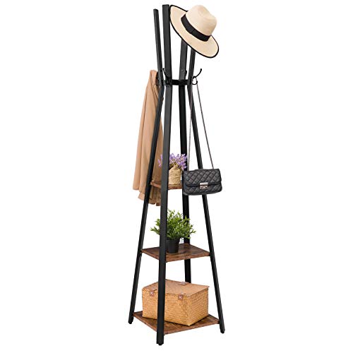 HOOBRO Coat Rack, Coat Hanger Stand, Hall Tree with 3 Storage Shelves and Hooks, for Clothes, Hats, Bags, Coat Stands for Hallway, Clothes Rail Clothing Rack with Shoe Storage, Rustic Brown EBF82YM01