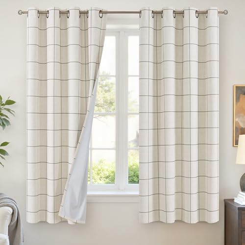 Lajode Plaid Curtains 63 Inch Long - Boho Linen Blackout Curtains for Living Room, Gingham Printed Drapes for Bedroom Window Stripe Patterned Thermal Total Black Out 52x63 Inch 2 Panels, Dark Green