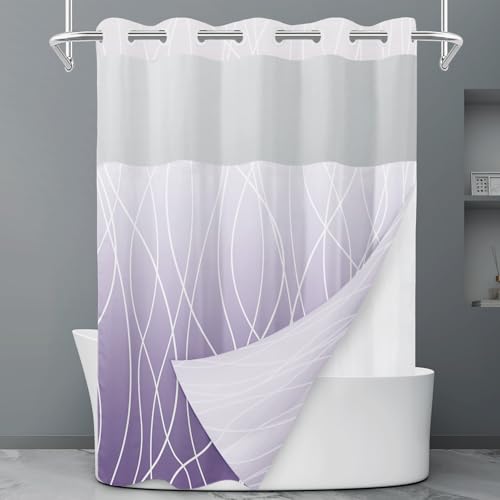 LXBNI No Hook Ombre Purple Striped Shower Curtain with Snap in Liner Set - Hotel Shower Curtain and Liner Set with See Through Mesh Top Window,Machine Washable, 71x74 INCH