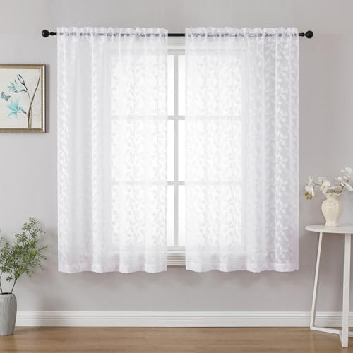 "Chyhomenyc White Sheer Curtains 54 Inch Length for Living Room 2 Panels Set, Light Filtering Tufted Textured Soft Airy Rod Pocket Leaf Window Treatment Drapes for Bedroom, 42"" Wx54 L, 2PCS"