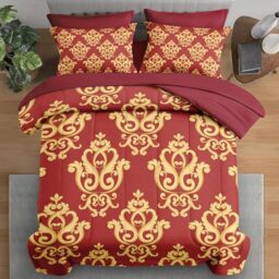Pamnest Comforter Set King Size, Vintage Floral Gold 7 Pcs Bedding for Kids and Adults, Medieval Burgundy Red Bed Sheet Sets with Fitted Sheet 2 Pillowcase & 2 Sham for Bedroom Bed Decor