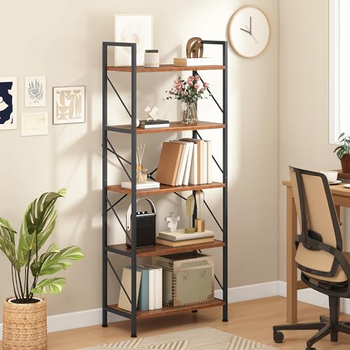 DWVO 5 Tiers Book Shelf, Wood and Metal Bookcase Storage Organizer, Industrial Bookshelf Tall Shelving Unit Display Rack for Living Room Kitchen Bedroom, Rustic Brown Book Rack