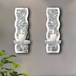 ZOLAPI Set of 2 Crystal Crush Diamond Candle Sconces, Gorgeous Silver Mirrored Wall Sconce, Wave Pattern Irregular Candle Holder Glass Wall Decorations for Home Décor, Living Room, Dining Room.