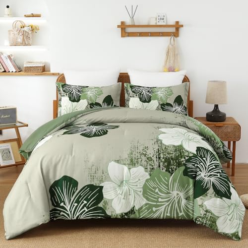 Menghomeus Floral Comforter Set King Ombre Green Bedding Lightweight Microfiber Bed Comforter for All Season, 3 Piece Flowers Comforter with 2 Pillowcases