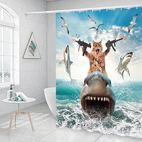 Grtuspr Funny Cat Shower Curtain for Bathroom, Cat Shower Curtains for Boys, Funky Riding Shark Fighting on Blue Ocean Fabric Waterproof Shower Curtain Sets with Hooks,Navy Blue Beach Theme Curtains