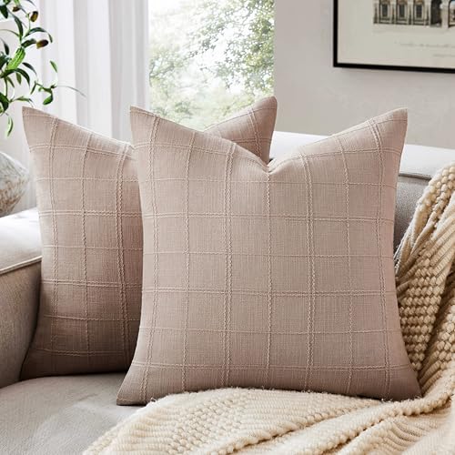ZeeMart Linen Checked Throw Pillow Covers Set of 2, 18x18 Inch Allover Grid Taupe, Farmhouse Decorative Double Sided Grid Embroidered Couch Pillow Cases Taupe Cotton Linen Cushion Covers