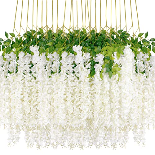 Hanging Wisteria Flowers Artificial Wisteria Vine Rattan Garland Silk Flowers String for Party Home Wall Greenery Wedding Decoration Light Pink White 24 Pieces
