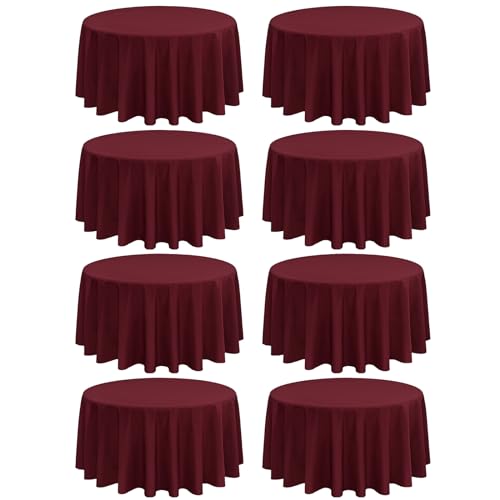 FXKS 8 Pack Burgundy Round Tablecloth 120 Inch Circle Polyester Table Cloth, Washable Fabric Stain and Wrinkle Resistant Table Cover Round Table Clothes for Wedding Parties Banquet Reception Dining