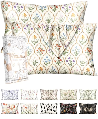 Miss Adola 2 Pack Silk Pillowcases - 20x26 Inch Standard Size Silk Pillow Cases with Hidden Zipper for Women Lady Smooth Soft Breathable Cooling Design Pillowcases for Hair and Skin, Check Flower