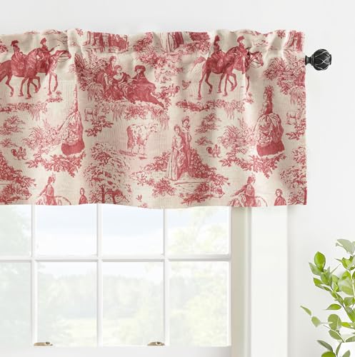 DriftAway Toile Linen Lined Valance Double Layer Thermal Room Darkening Blackout Window Valance Curtain for Kitchen Bathroom Farmhouse French Country Vintage Printed Pattern Single 14 Inch Red
