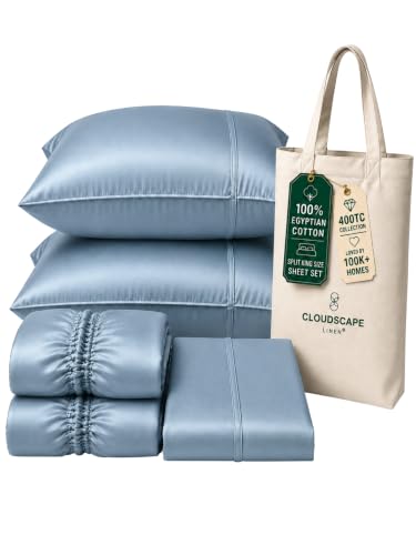 CLOUDSCAPE LINEN 100% Egyptian Cotton Split King Sheet Set for Adjustable Bed, 5 Pcs Bedding Set, 400 Thread Count,Hotel Quality, Soft, Breathable and Durable, Deep Pockets up to 17, French Blue