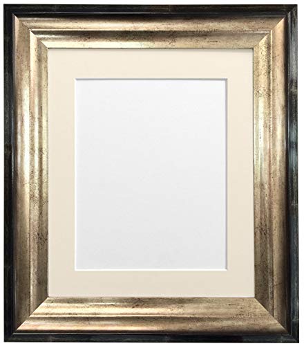 "FRAMES BY POST Firenza Antique Distressed Black and Gold Picture Photo Frame Plastic Glass with Ivory Mount 24""x20"" for Picture Size 20""x16"""