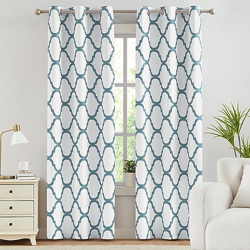 Melodieux Moroccan Fashion Thermal Insulated Room Darkening Blackout Grommet Curtains for Living Room, 42 by 96 Inch, Off White/Dusty Teal (2 Panels)