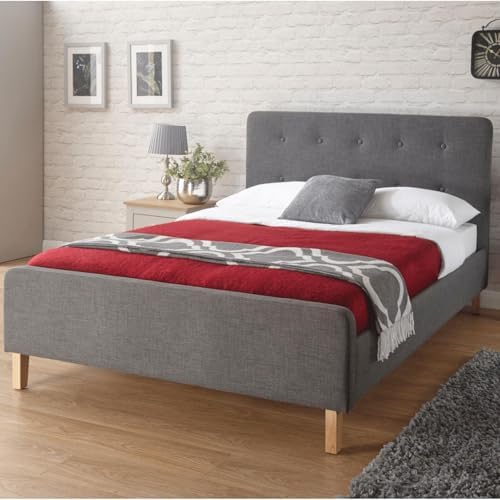 Home Source Modern High Headboard, Buttoned Grey Fabric, Light Oak Effect Legs, King Size 5ft Bed Frame