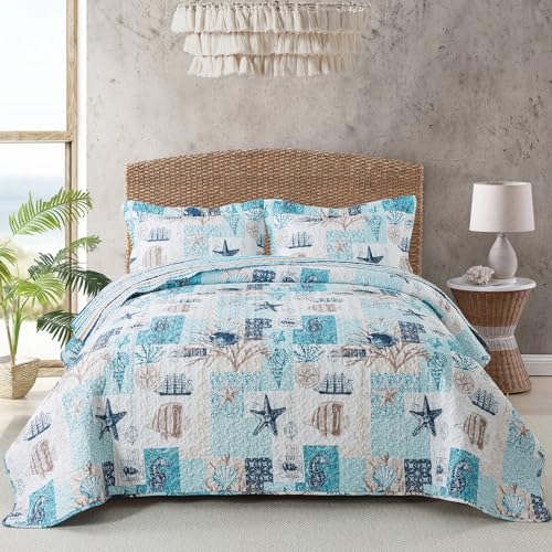 Travan Coastal Quilt Summer Quilt Queen Size, Ultra Soft & Lightweight Beach Quilt Bedding Set, Ocean Theme Quilt for All Season, Ancient Mark-02, Queen