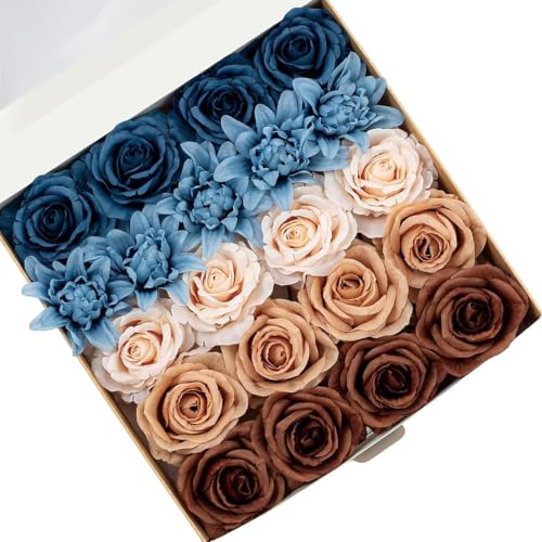 FANKO Artificial Flowers for DIY, Blue Brown Faux Flowers Bouquet, Fake Flowers with Roses Dahlia Silk Flowers for Vase, Home Decor, Wedding Centerpiece, Father???s Day, Party