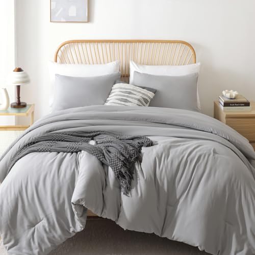 ROSGONIA Full Size Comforter Sets for Girls Boys Kids Grey, 3pcs Comforter Full Size (1 Gray Comforter & 2 Pillowcases) Lightweight Dorm Bedding Sets