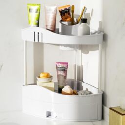 BAKAJI Bathroom Corner Shelf with Drawer, Multi-Shelf Organizer Hard Plastic, Corner Shelf Unit, Minimal Organizer Shelf for Bathroom, Kitchen, Office, Home (2 Shelves)