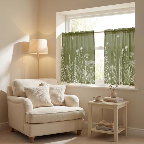 "Horaldaily Spring Sheer Curtains for Living Room and Bedroom, Wild Flowers Floral Moss Green Window Curtains, Holiday Window Drapes Decor, 52"" W x 36"" L, Set of 2 Curtain Panels"