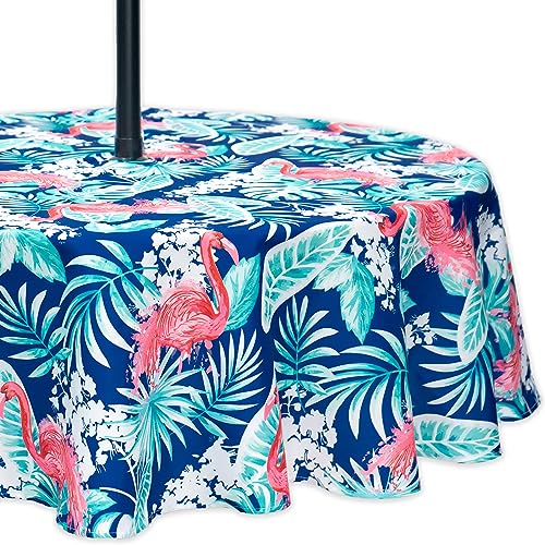 Spring & Summer Outdoor Table Cloth - 60 Inch Round Tablecloth - Waterproof Wrinkle Free Table Cover with Zipper and Umbrella Hole, Flamingo Dancing