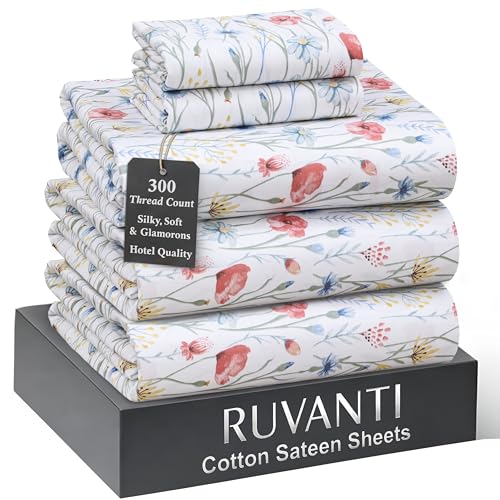 "Ruvanti 100% Cotton Sateen Sheets Split King Size, Sweet Pea Fest - Split King Sheets 300 Thread Count 5 Piece Set, 16"" Deep Pocket, Cooling Bed Sheets For Hot Sleepers, Breathable & Durable"