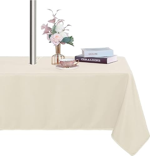 Fitable Square Outdoor and Indoor Tablecloth, Beige, 60 x 60 Inch - Washable Waterproof Wrinkle Free Table Cover, Zipper and Umbrella Hole, For Spring Summer Party Picnic Camping Patio
