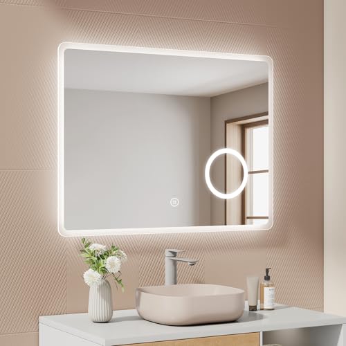 EMKE Illuminated Bathroom Mirror with LED Lights - 800 x 600mm Wall Mounted Vanity Makeup Mirror with Shaver Socket, Touch Switch, Demister Pad, 3X Magnifier