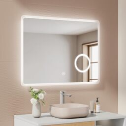 EMKE Illuminated Bathroom Mirror with LED Lights - 800 x 600mm Wall Mounted Vanity Makeup Mirror with Shaver Socket, Touch Switch, Demister Pad, 3X Magnifier