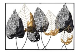 GILDE Decorative Picture XXL Leaves - Metal Wall Decoration Rectangular - Decoration Living Room - Colours: Black Gold Silver - 95 x 65 cm