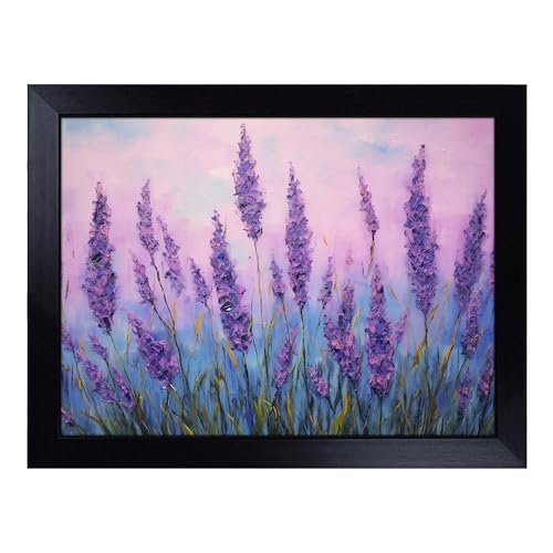 Lap Tray with Bean Bag Cushion, Lavender Flower Expressionism - Handmade in the UK, Raised Wooden Edge, Padded Cushion, Heat-Resistant Wipe-Clean Surface, for Meals, Laptops and Crafts