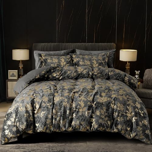 "PHF Truly Velvet Duvet Cover Set King Size, 3pcs Leaves Print Ultra Soft Breathable Comforter Cover Set, Luxury Cozy Flannel Duvet Cover with Pillow Shams Bedding Collection, 104"" x 90"", Grey and Gold"