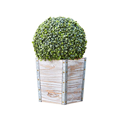 Teamson Home Indoor Outdoor Garden Solar Light Decor, Pre Lit Automatic Artificial Faux Round Topiary Shrub Bush with Rustic Wooden Plant Pot