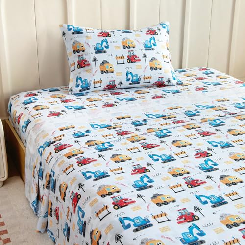 Homilay Twin Sheets Set Kids - 3 Piece Engineering Car Sheets for Boys, Girls, Teens, Toddler, Easy Fit Deep Pockets, Breathable, Wrinkle-Free, Cozy Soft Cartoon Print Cute Bed Sheets