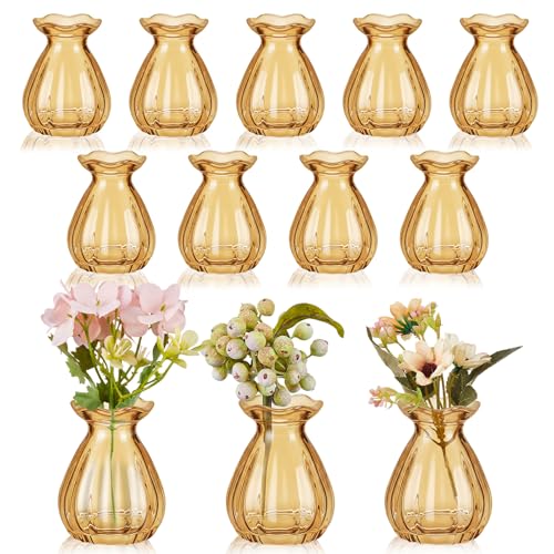 Ninehaoou 12 Pieces Glass Bud Vases for Centerpieces Bulk Mini Flower Bouquets Vases Small Cute Crystal Ribbed Glass Bud in Bulk for Wedding Baby Bridal Shower Table Party Home Decor (Amber)