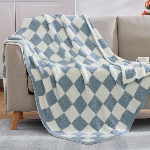 "WRENSONGE Checkered Throw Blanket, Grey Blue Soft Cozy Fluffy Warm Hand Made Throw Blankets for Couch, Sofa, Chair, Bed, Camping, Picnic, Travel Lightweight Bed Blanket - 60""*80"""