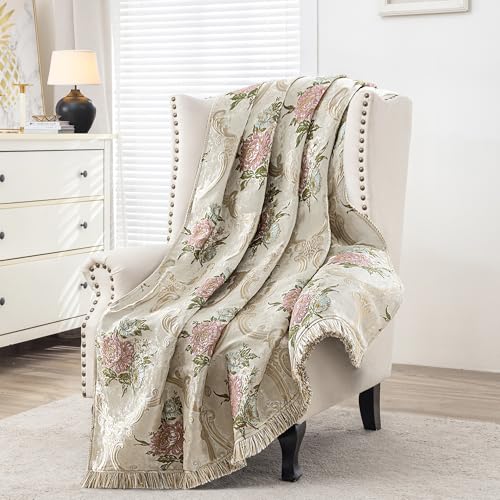 Loom and Mill Jacquard Floral Throw Blankets for Bed, French-Style Damask Throws with Fringes Trim, Soft Lightweight Velvet Lined Throw Blanket for Sofa Couch Chair All Seasons(Pearly Beige,52???x72???)