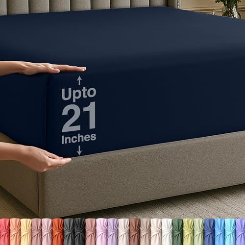 Utopia Bedding Fitted Sheet Queen - Extra Deep Pocket - 53 cm Deep - Soft Microfibre - Shrink and Fade Resistant - Easy Care - 1 Fitted Sheet Only (Navy)