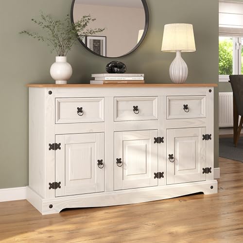 Corona White Sideboard 3 Door 3 Drawer Mexican Solid Pine Wood with Black Metal Hardware W 125 cm x D 40 cm x H 76 cm